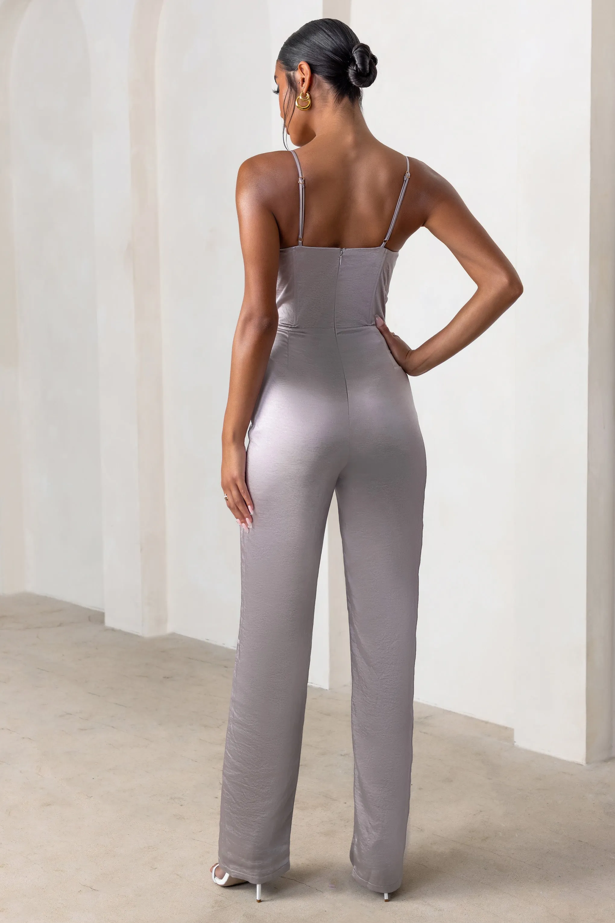 Reserved Destination | Mink Satin Pleated Front Drape Corset Straight Leg Jumpsuit