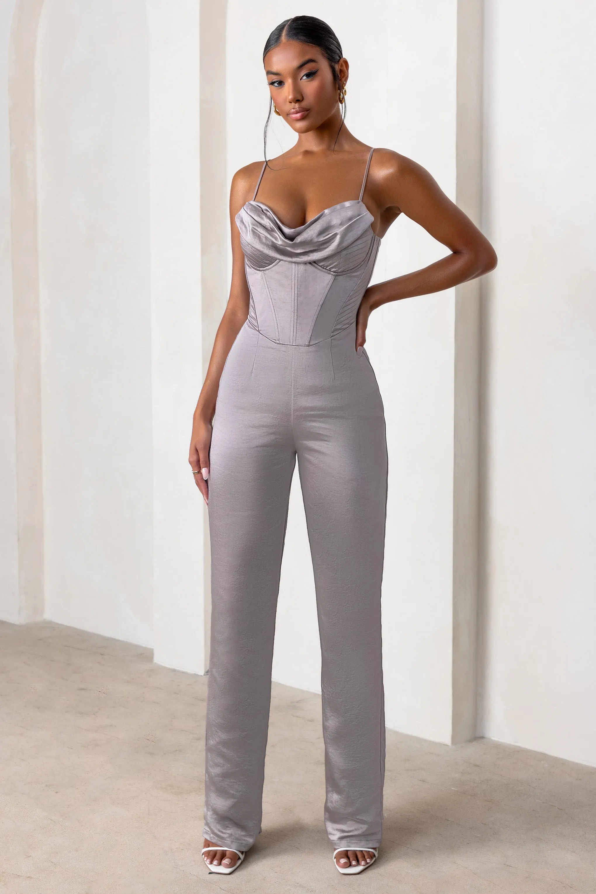 Reserved Destination | Mink Satin Pleated Front Drape Corset Straight Leg Jumpsuit