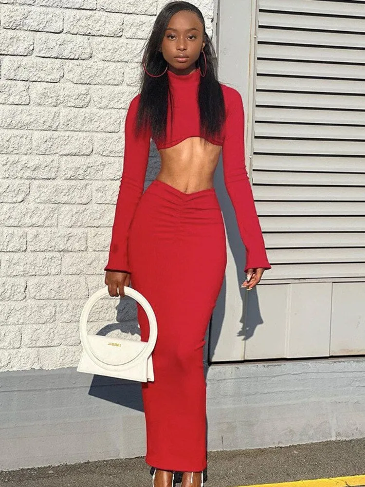 Ribbed Long Sleeve Crop Top And Long Skirt Women Outfits Solid Turtleneck Flare Sleeve Dress Set Female Two Piece Set