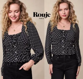 Rouje  |Dots Casual Style Blended Fabrics Bi-color Long Sleeves