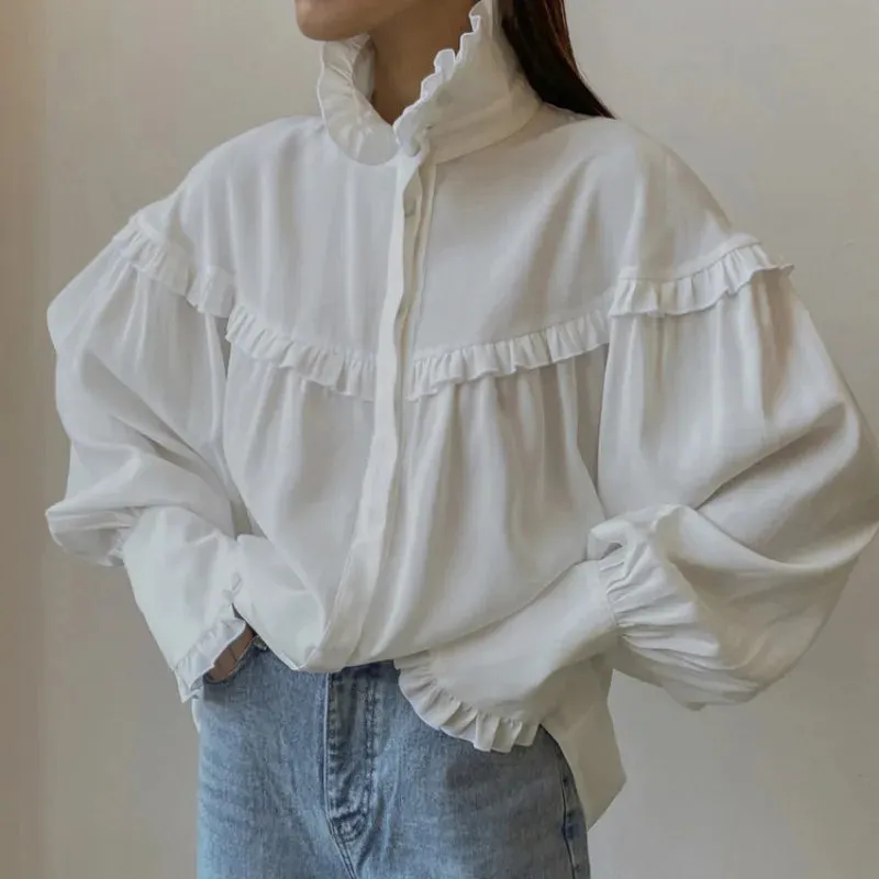 Ruffle Loose Shirts For Women 2024 Spring White Turtleneck Long Sleeve Women's Shirt Street Casual Oversized Shirt Femme