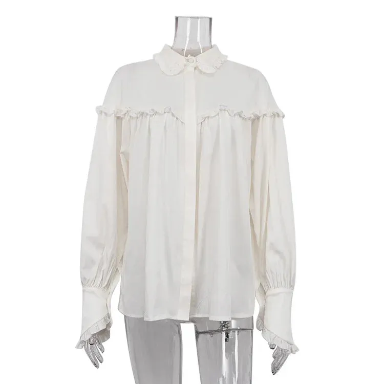 Ruffle Loose Shirts For Women 2024 Spring White Turtleneck Long Sleeve Women's Shirt Street Casual Oversized Shirt Femme