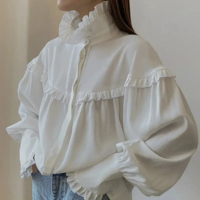 Ruffle Loose Shirts For Women 2024 Spring White Turtleneck Long Sleeve Women's Shirt Street Casual Oversized Shirt Femme