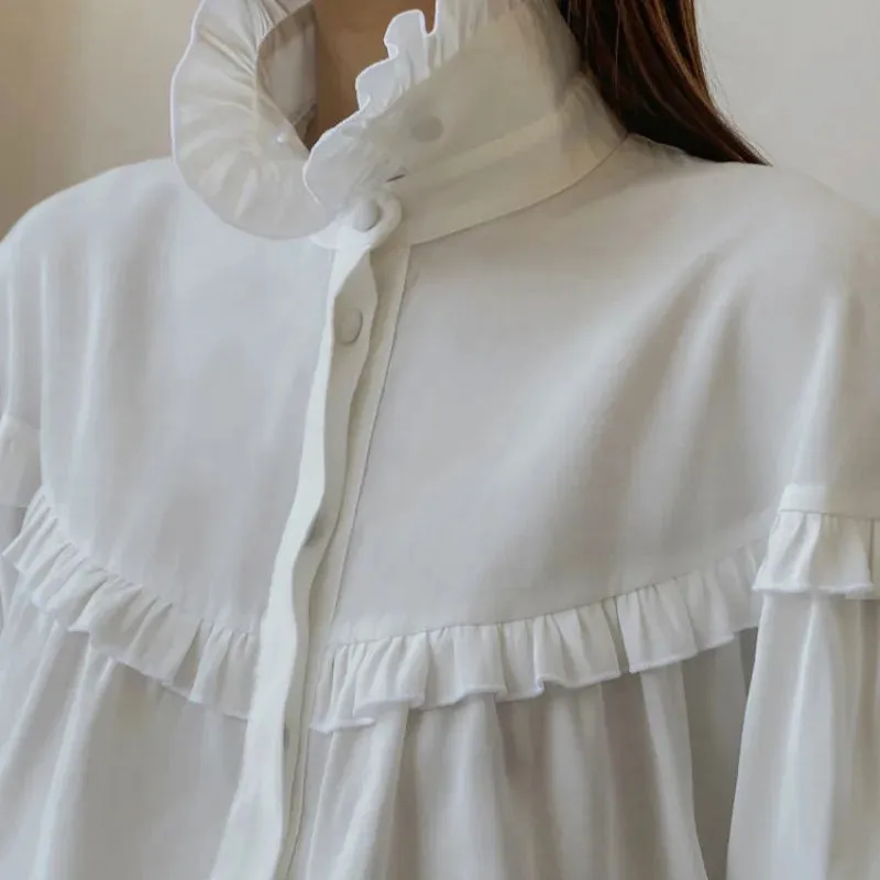 Ruffle Loose Shirts For Women 2024 Spring White Turtleneck Long Sleeve Women's Shirt Street Casual Oversized Shirt Femme