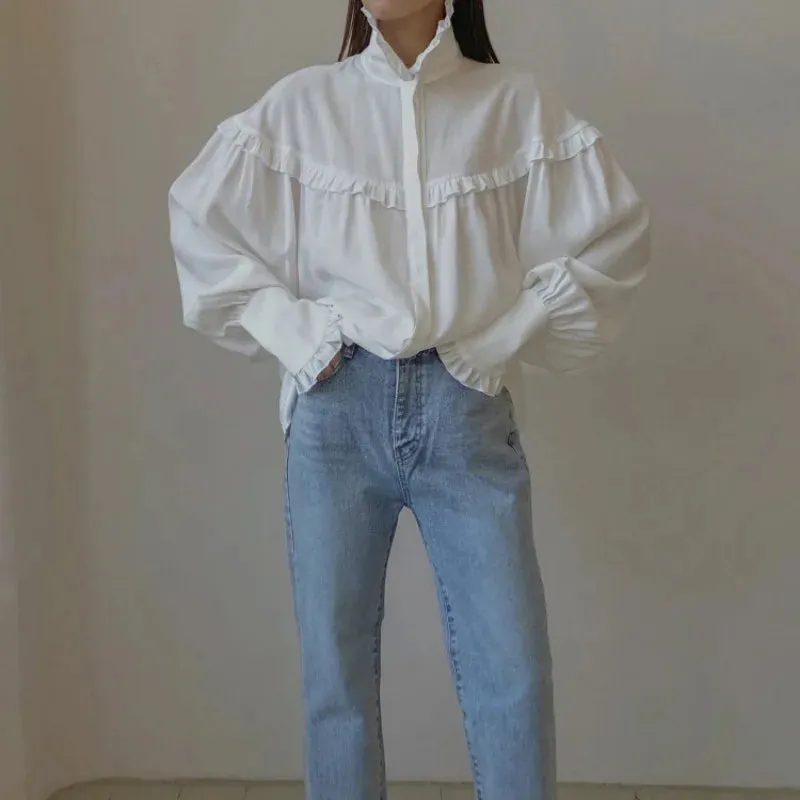 Ruffle Loose Shirts For Women 2024 Spring White Turtleneck Long Sleeve Women's Shirt Street Casual Oversized Shirt Femme