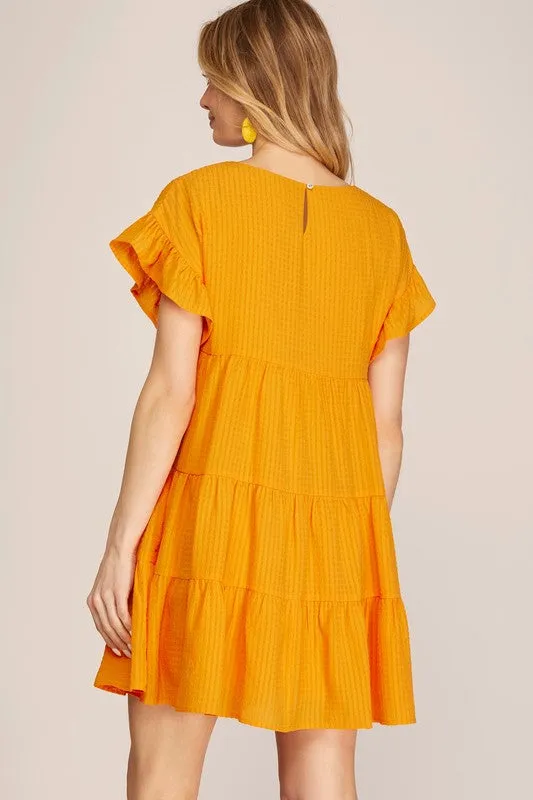 Ruffled Sleeve Textured Woven Dress