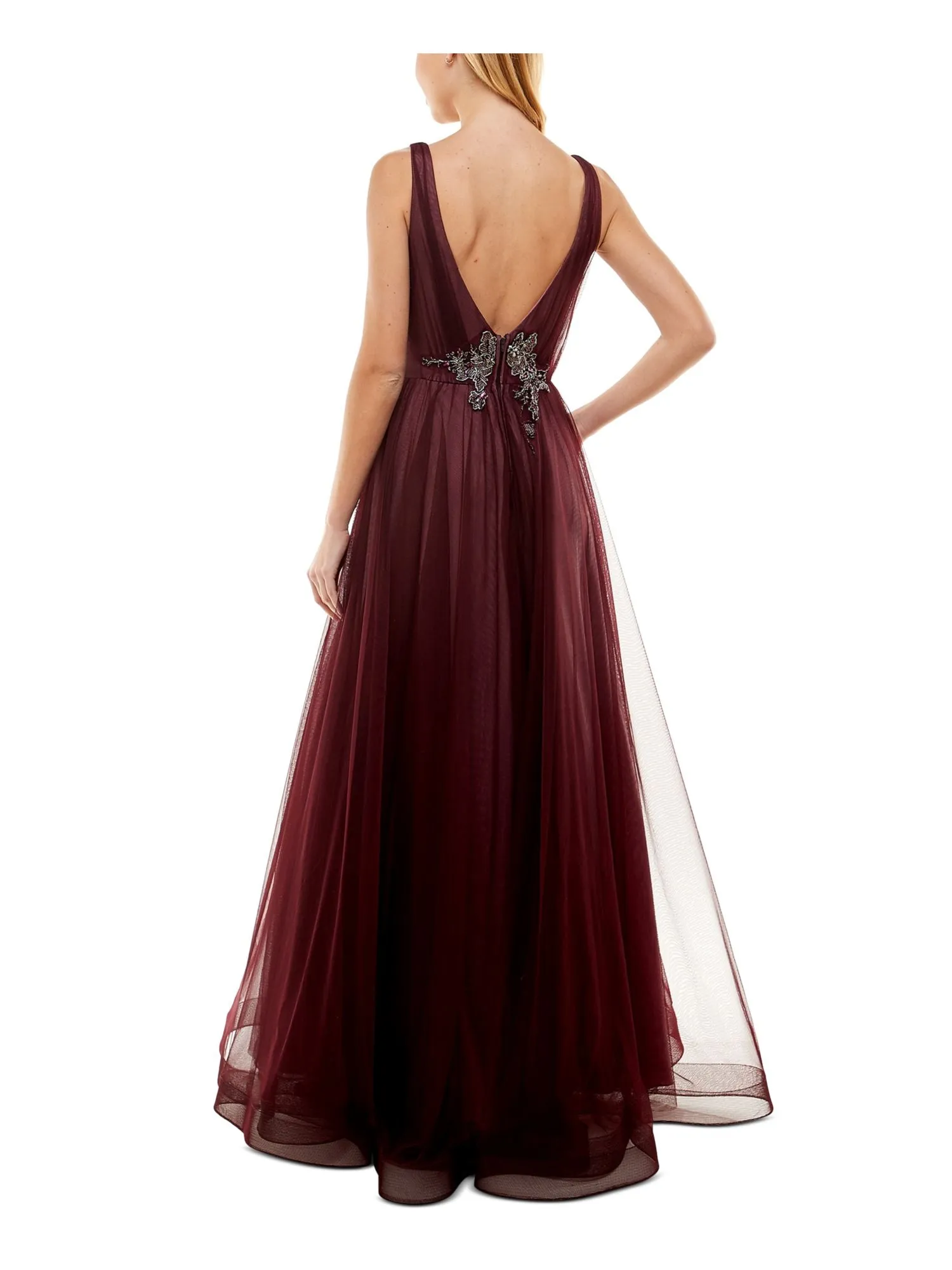 SAY YES TO THE PROM Womens Maroon Beaded Zippered Lined Sleeveless Scoop Neck Full-Length Prom Gown Dress