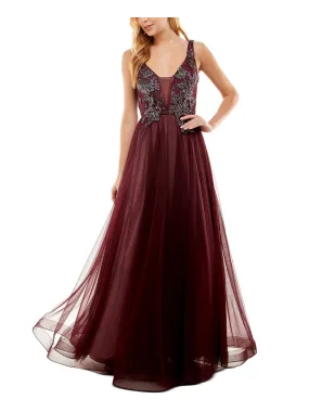 SAY YES TO THE PROM Womens Maroon Beaded Zippered Lined Sleeveless Scoop Neck Full-Length Prom Gown Dress