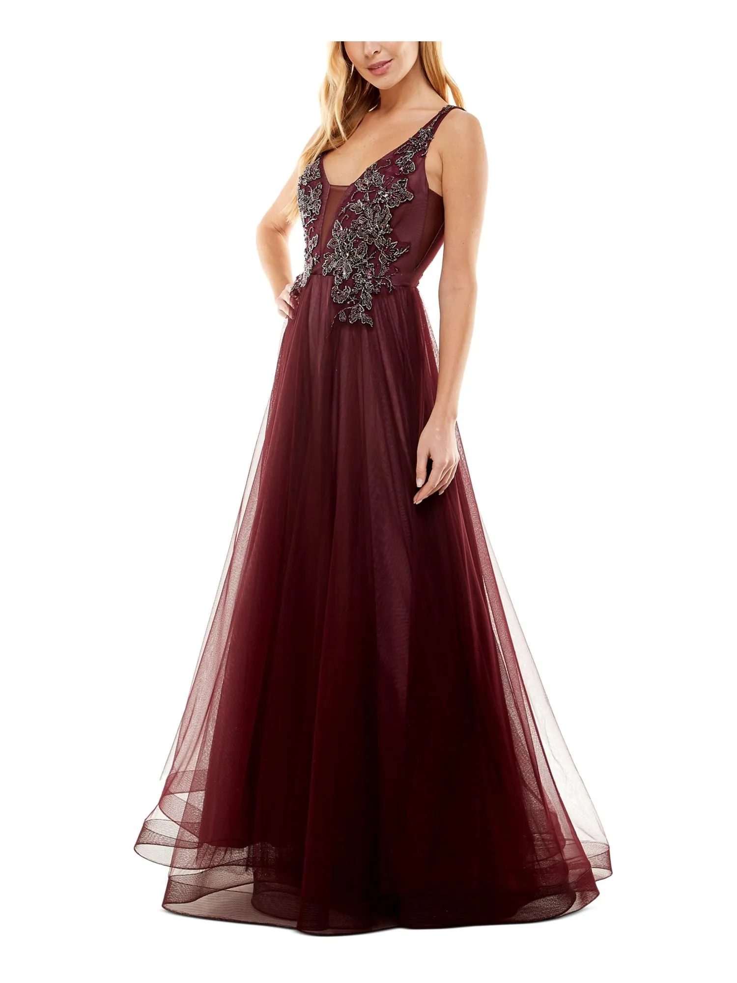 SAY YES TO THE PROM Womens Maroon Beaded Zippered Lined Sleeveless Scoop Neck Full-Length Prom Gown Dress