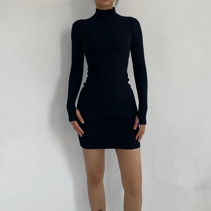 Sexy Solid Turtleneck Skinny Mini Dress Women Rib Knit Keep Warm Long Sleeve Slim Dress Streetwear