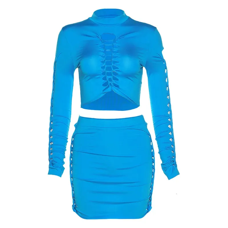 Sexy Women's suit Long Sleeve hollow out navel top + tight skirt 2 piece set women