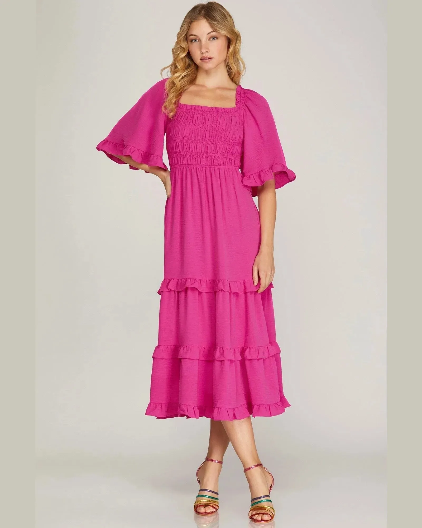 Square Neck Smocked Tiered Midi Dress