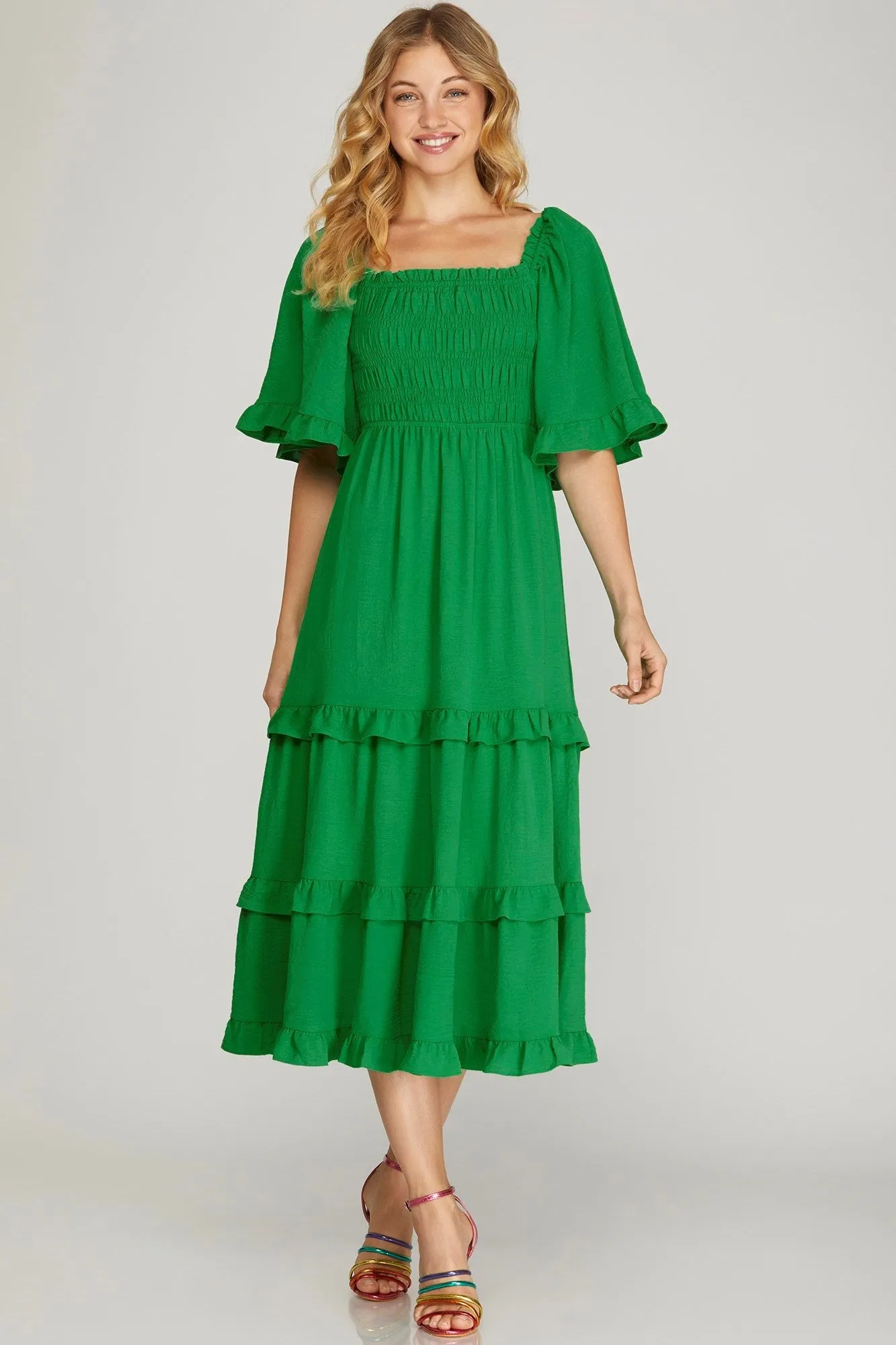 Square Neck Smocked Tiered Midi Dress