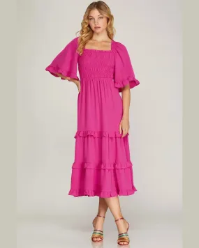 Square Neck Smocked Tiered Midi Dress