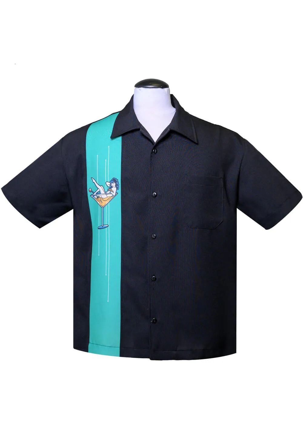 Steady Clothing Mens Martini Girl Single Panel Bowling Shirt Black Mint