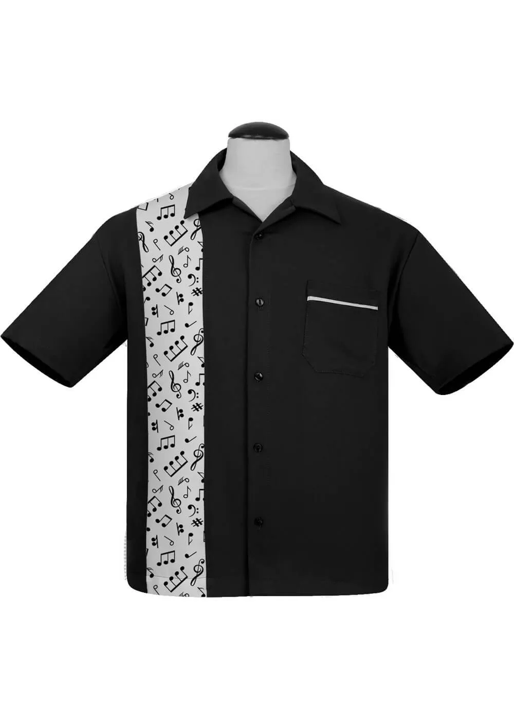 Steady Clothing Men's Music Note Panel Bowling Shirt Black White