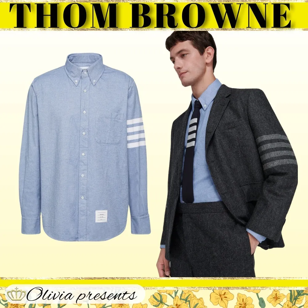 THOM BROWNE  |Stripes Long Sleeves Plain Cotton Logo Designers Shirts