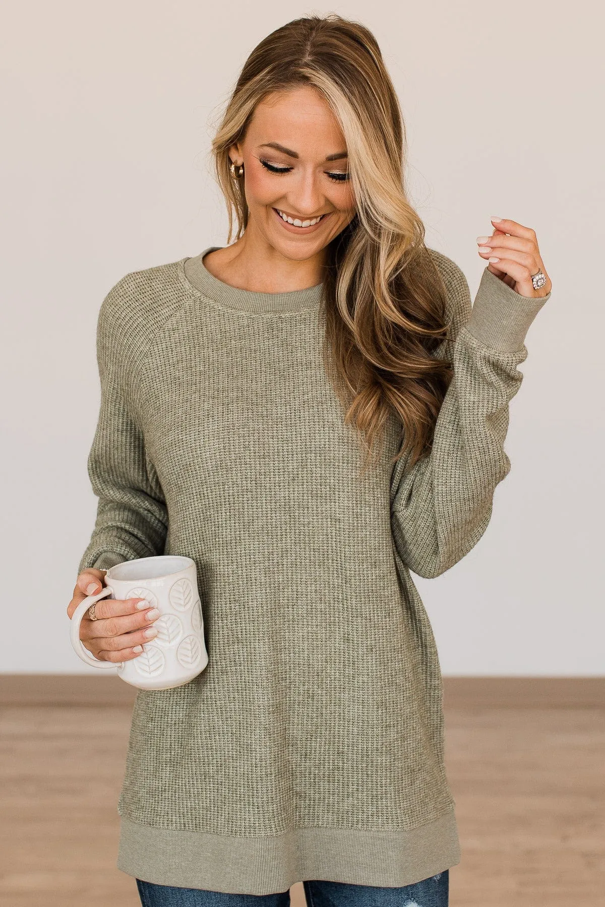 Thread & Supply Unwind Your Mind Waffle Knit Top- Sage