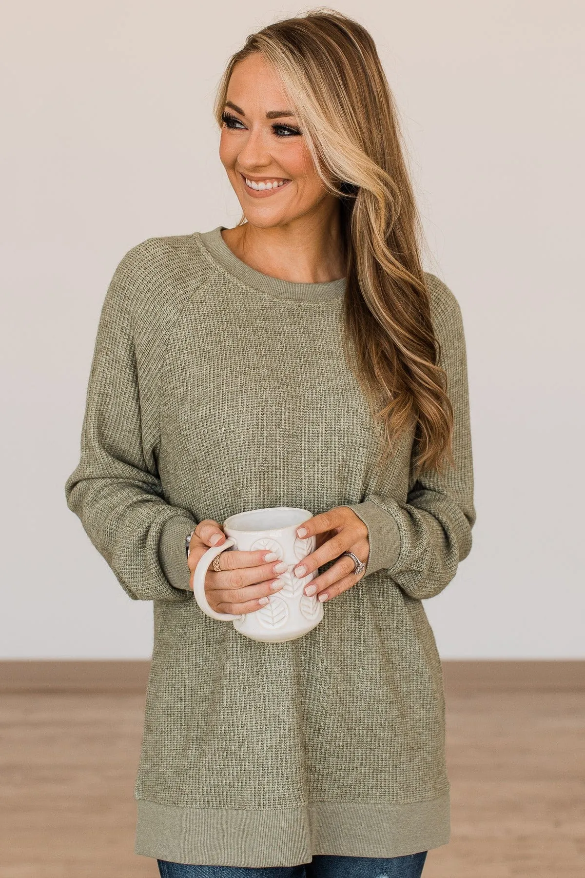 Thread & Supply Unwind Your Mind Waffle Knit Top- Sage