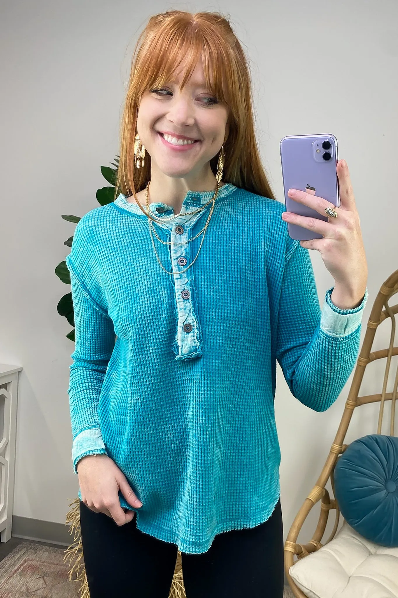 Tova Mineral Wash Waffle Knit Henley Top - FINAL SALE