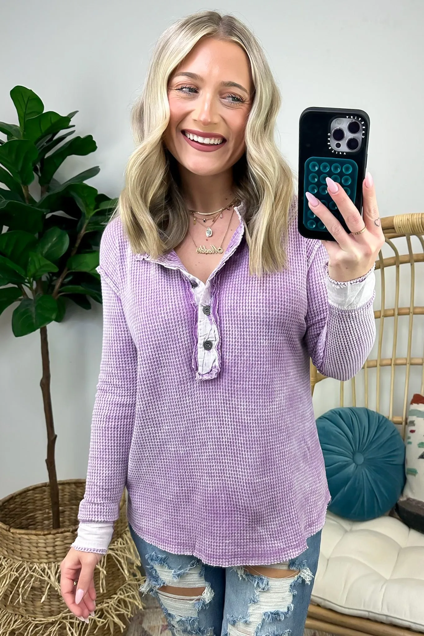 Tova Mineral Wash Waffle Knit Henley Top - FINAL SALE