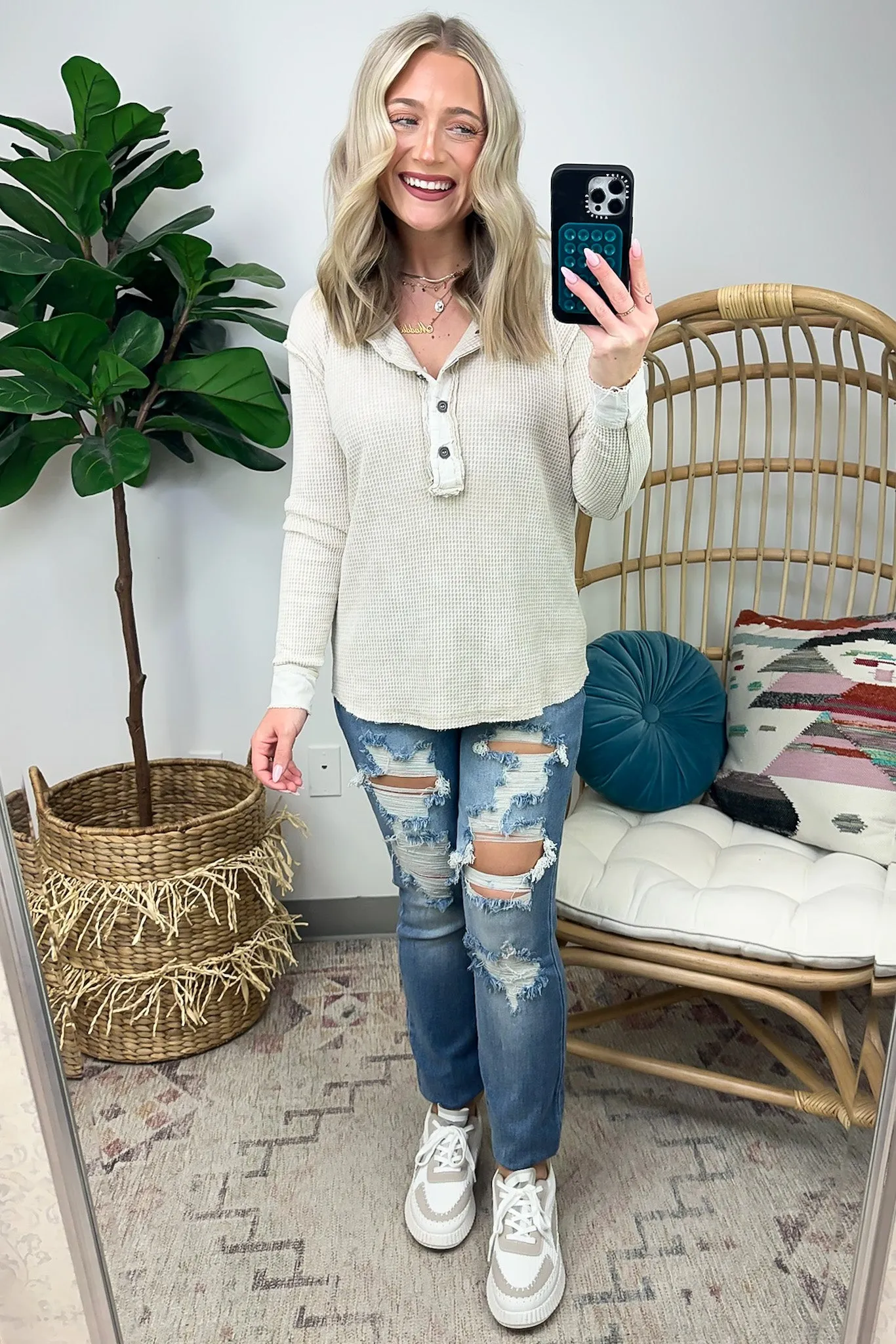 Tova Mineral Wash Waffle Knit Henley Top - FINAL SALE