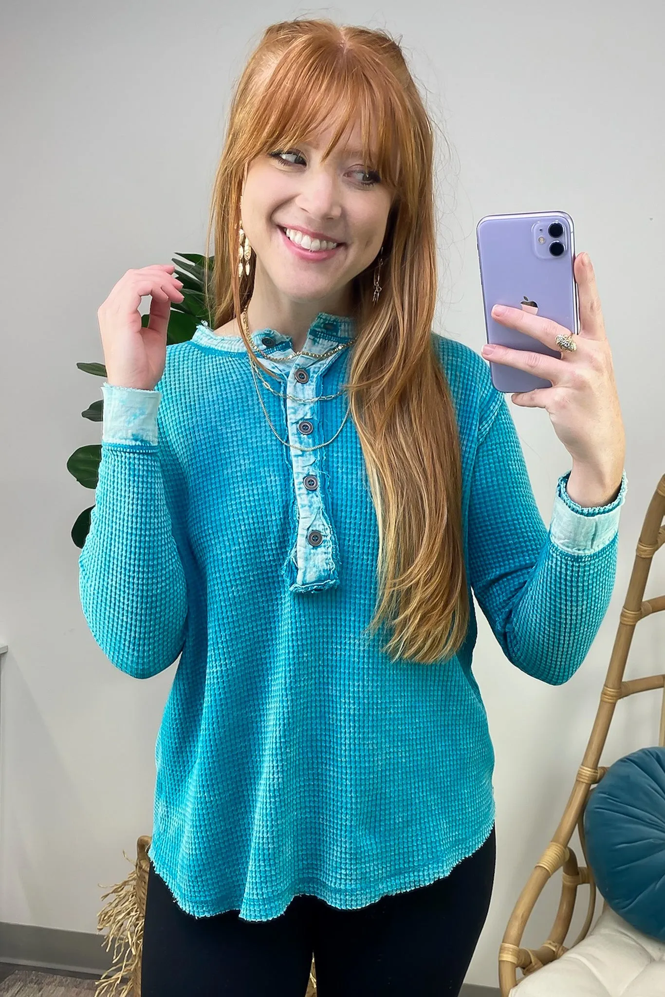 Tova Mineral Wash Waffle Knit Henley Top - FINAL SALE