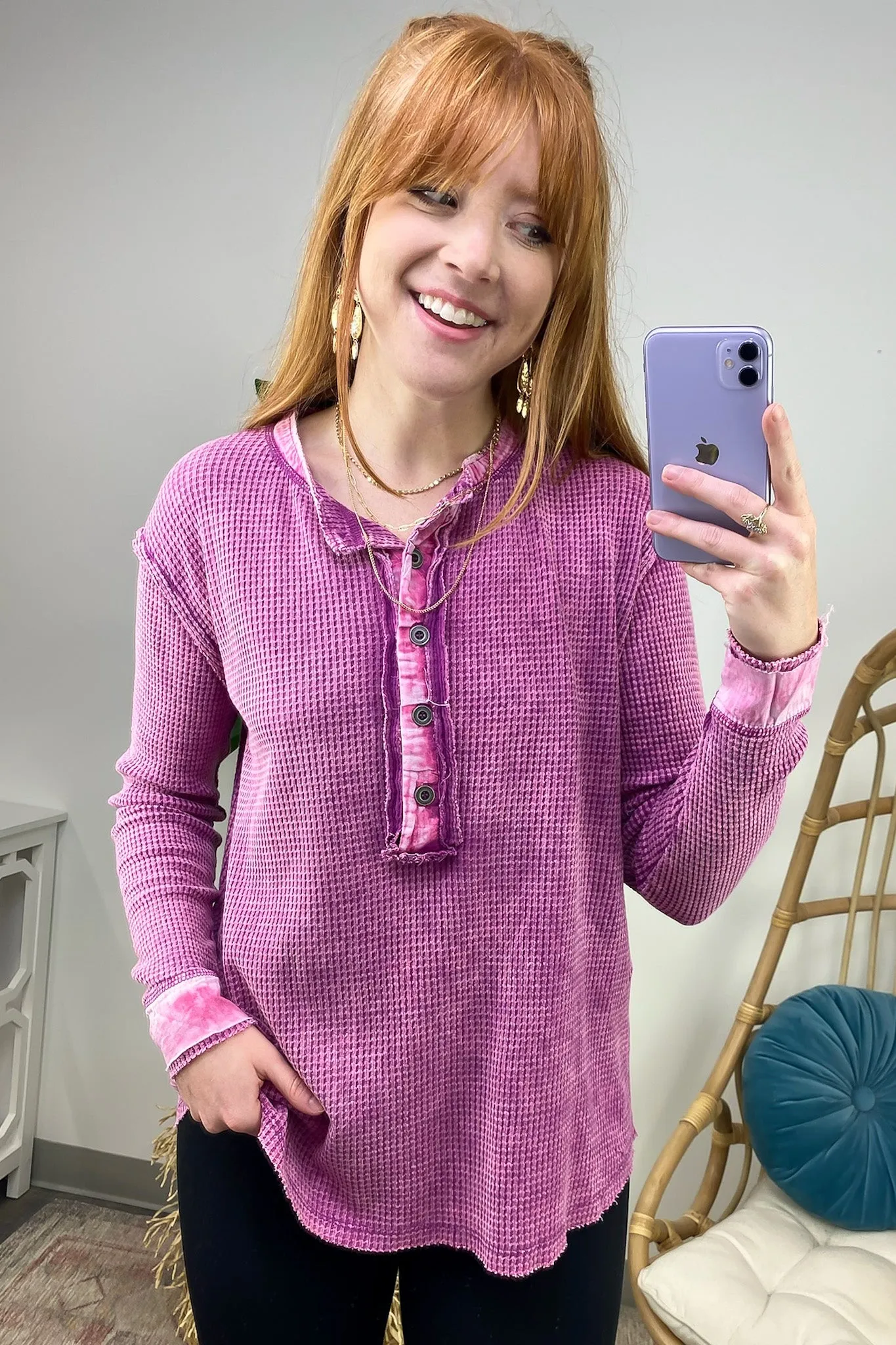 Tova Mineral Wash Waffle Knit Henley Top - FINAL SALE