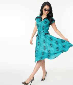 Unique Vintage Aqua Vampire Mermaid Print Hedda Swing Dress (L ONLY)