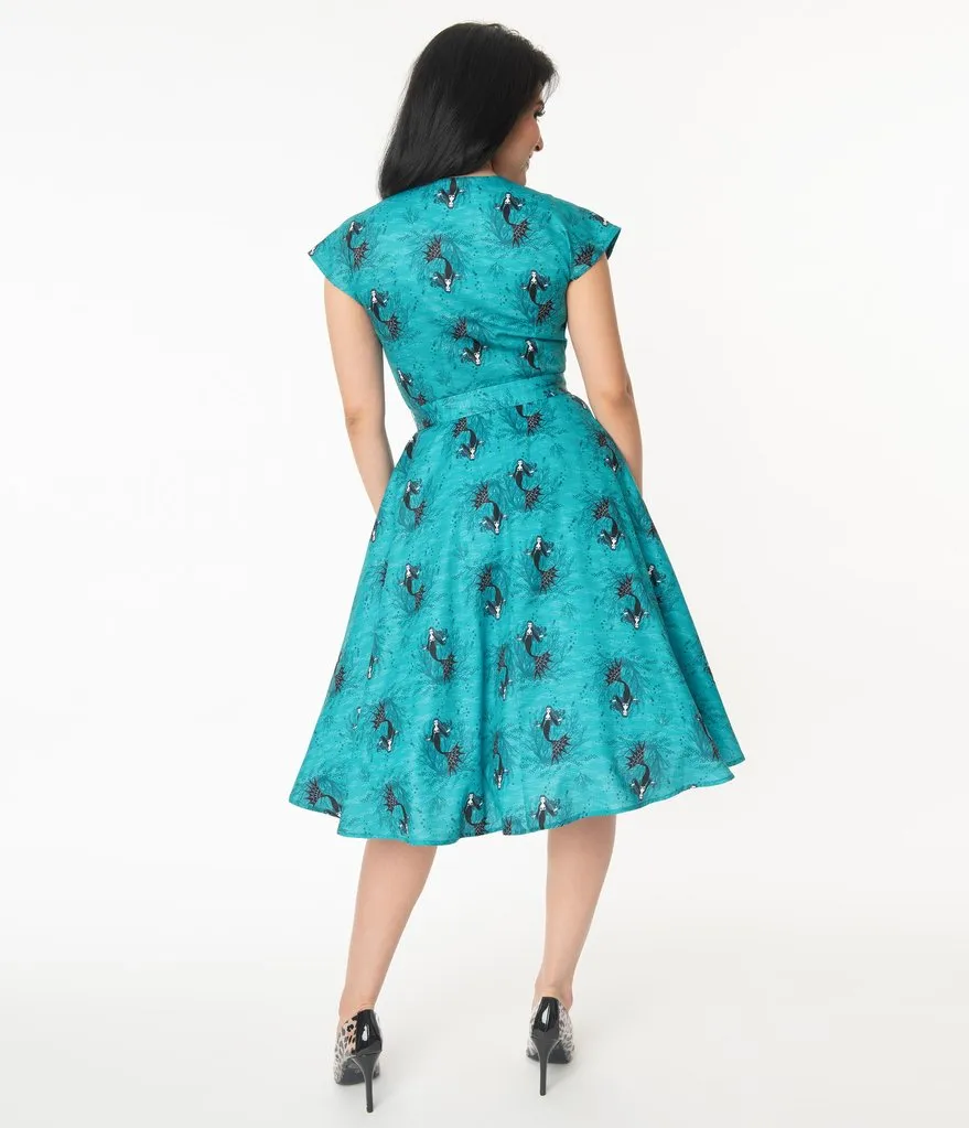 Unique Vintage Aqua Vampire Mermaid Print Hedda Swing Dress (L ONLY)