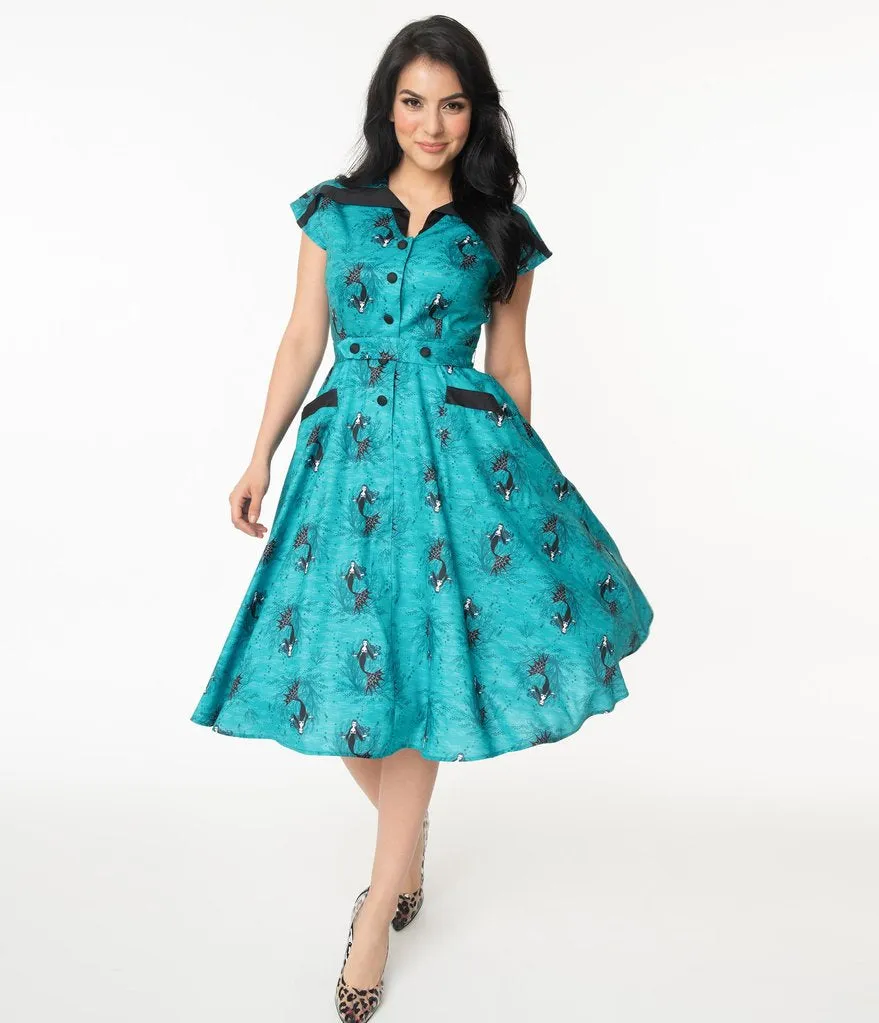 Unique Vintage Aqua Vampire Mermaid Print Hedda Swing Dress (L ONLY)