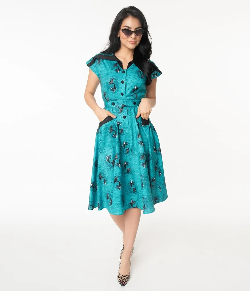 Unique Vintage Aqua Vampire Mermaid Print Hedda Swing Dress (L ONLY)