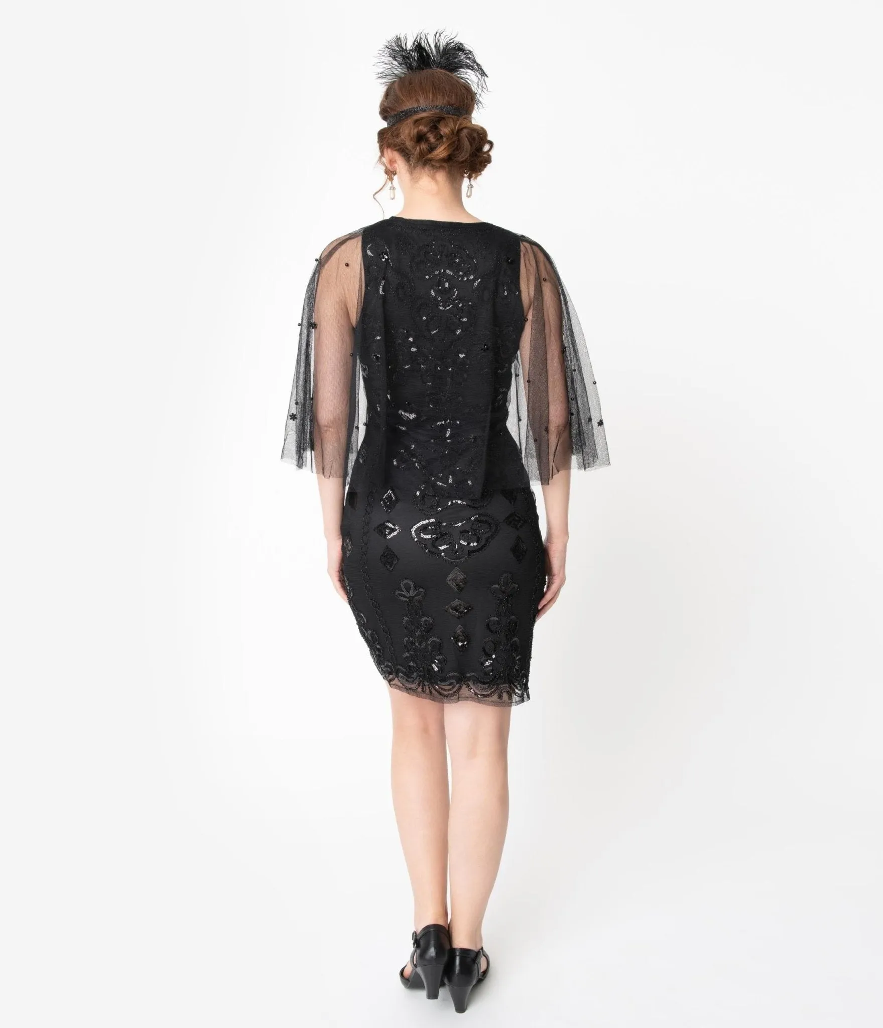 Unique Vintage Black Beaded Mesh Cape Olivette Cocktail Dress