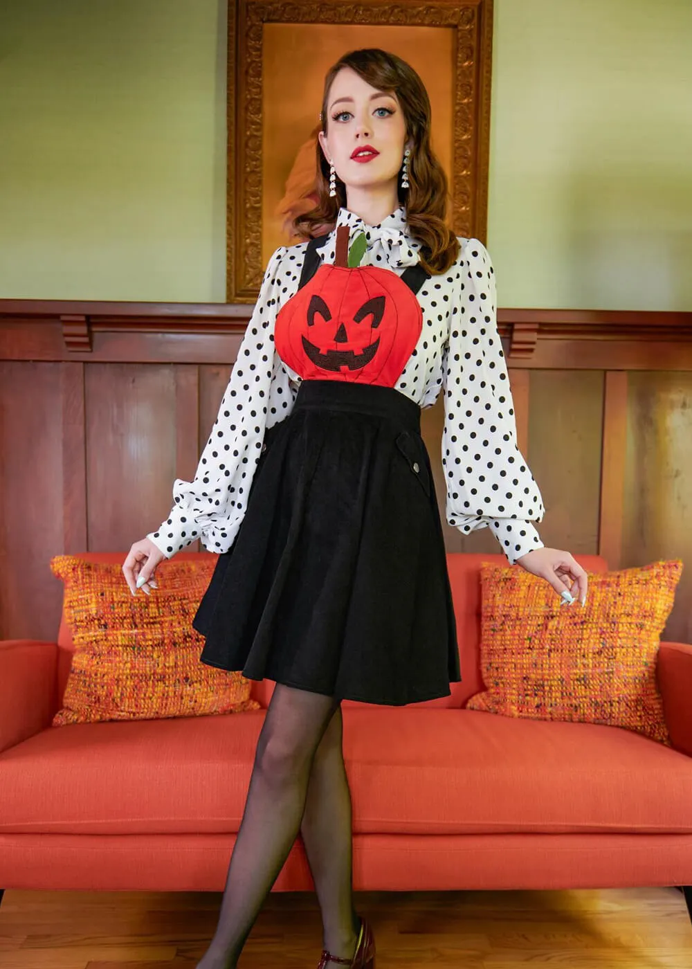 Unique Vintage Jack-O-Lantern Pinafore 60's Swing Dress Black Orange