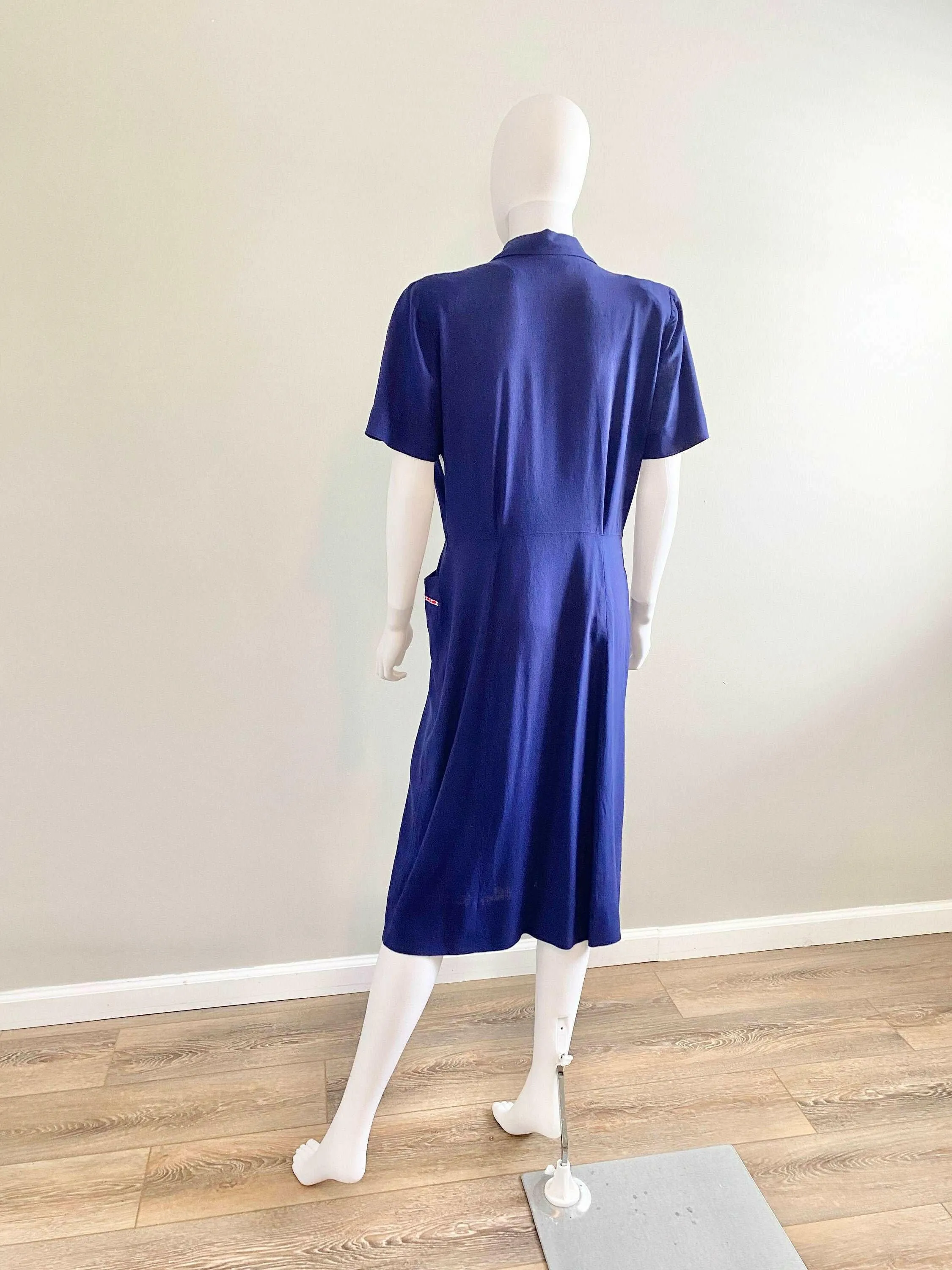 Vintage 1940s Navy Blue Rayon Dress / 40s retro day dress / Size L XL