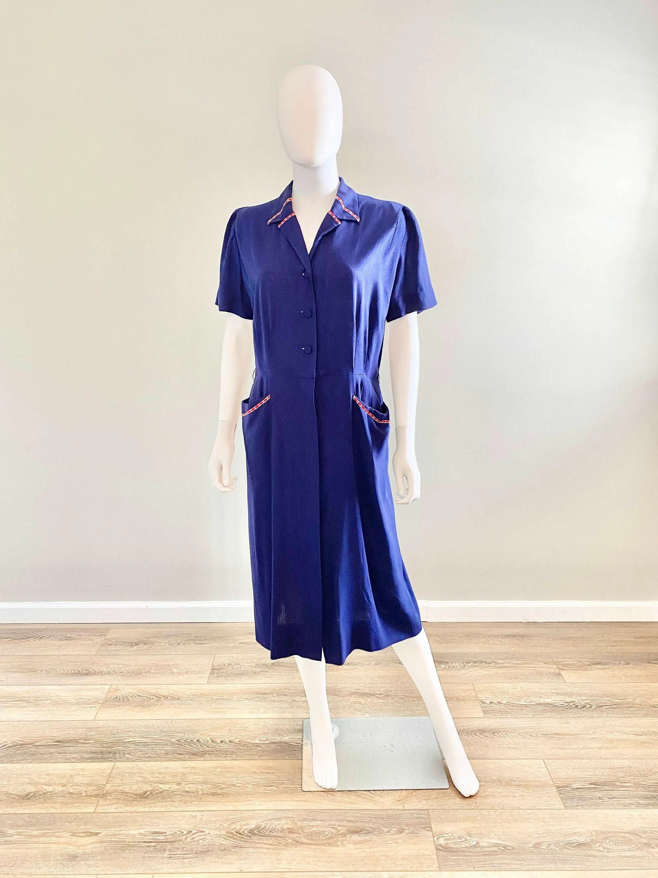 Vintage 1940s Navy Blue Rayon Dress / 40s retro day dress / Size L XL