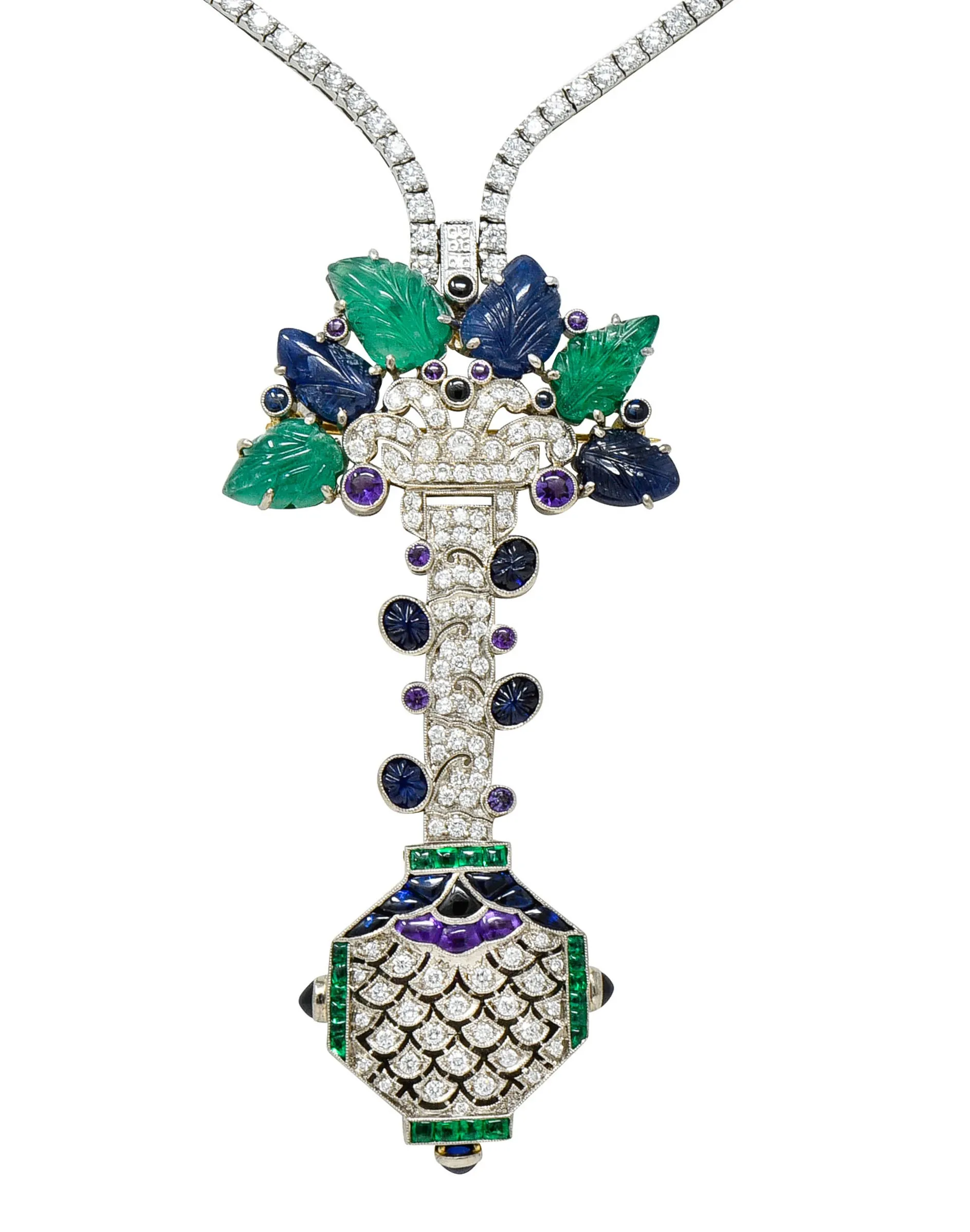 Vintage 27.05 CTW Diamond Sapphire Emerald 18 Karat White Gold Riviera Tutti-Frutti Enhancer Necklace