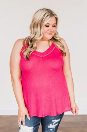 Waiting For Sunshine Waffle Knit Tank Top- Hot Pink