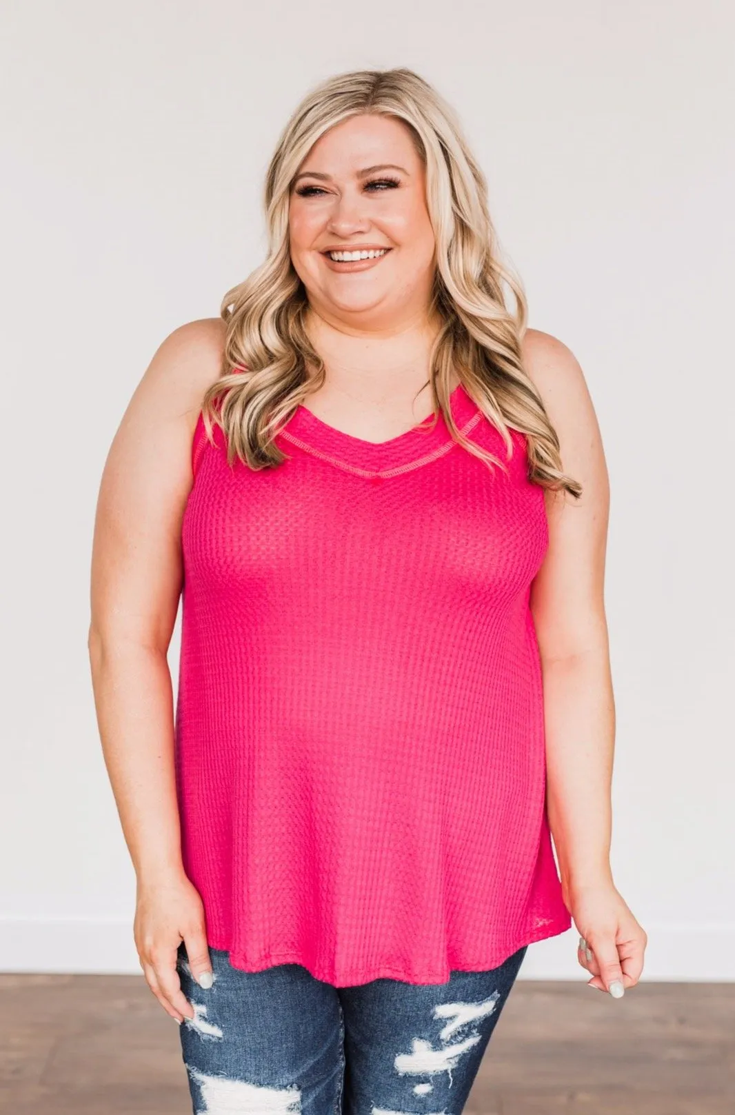 Waiting For Sunshine Waffle Knit Tank Top- Hot Pink