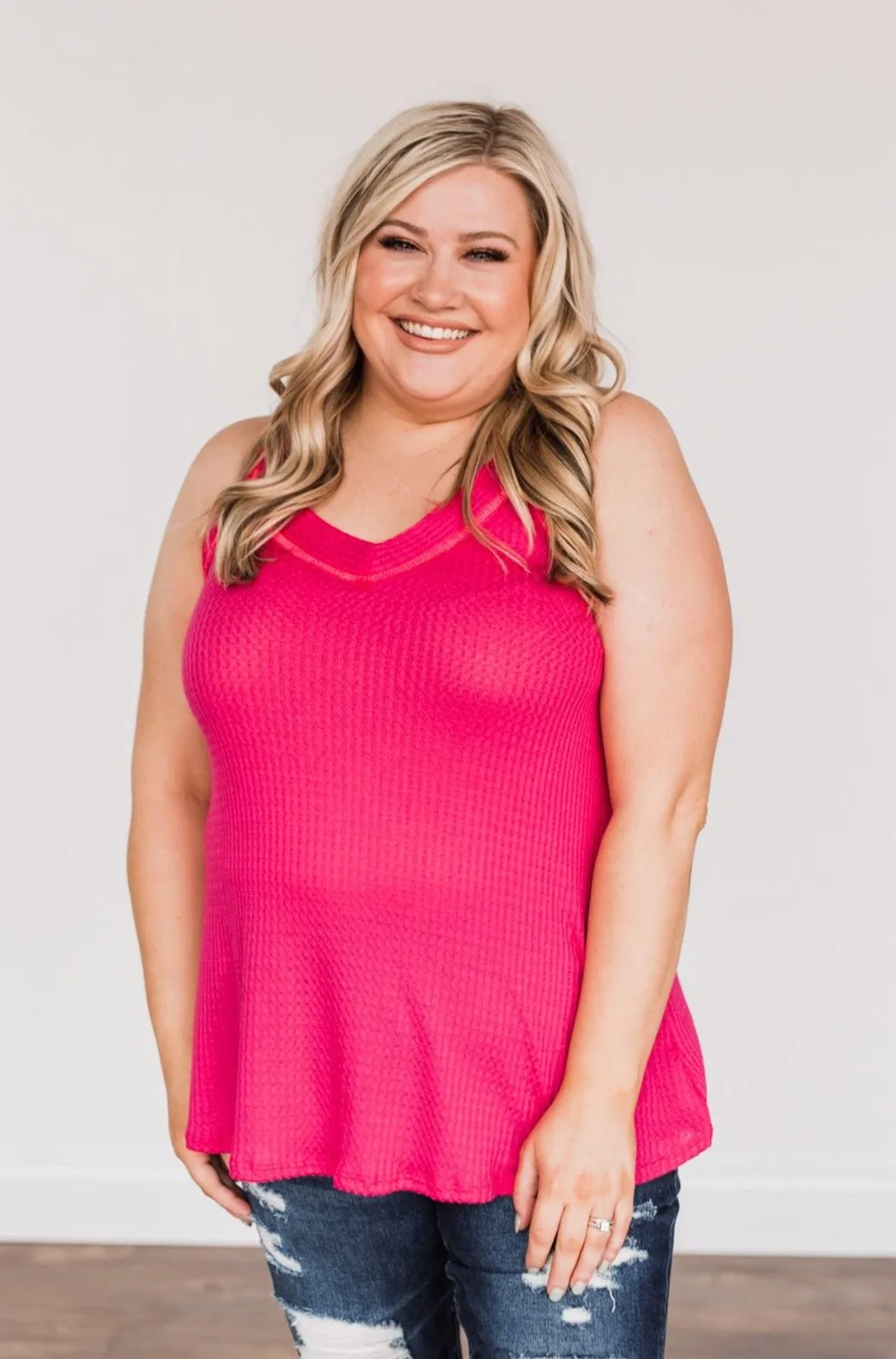 Waiting For Sunshine Waffle Knit Tank Top- Hot Pink