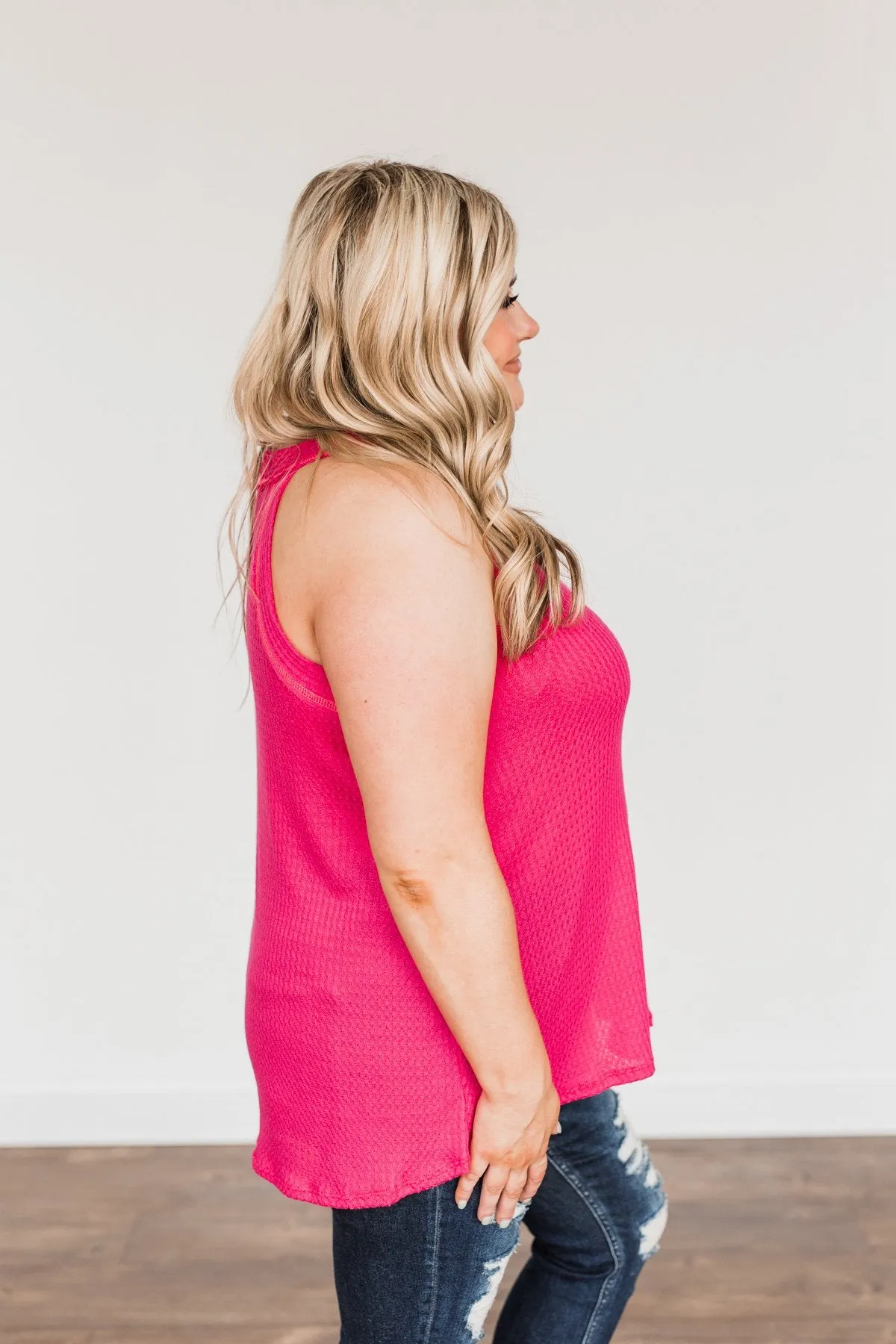 Waiting For Sunshine Waffle Knit Tank Top- Hot Pink