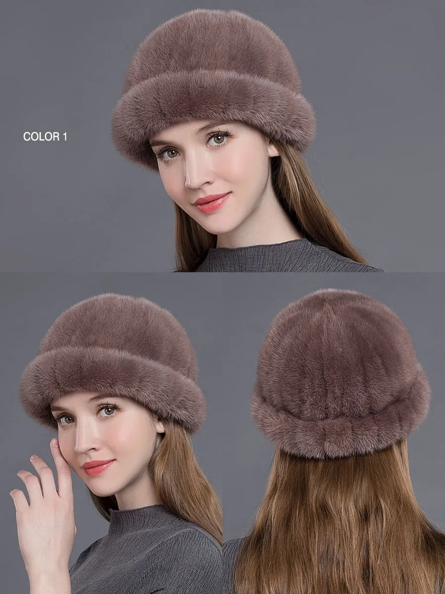 Winter Fashion Soft Real Natural Mink Fur Beanies Hat for Women