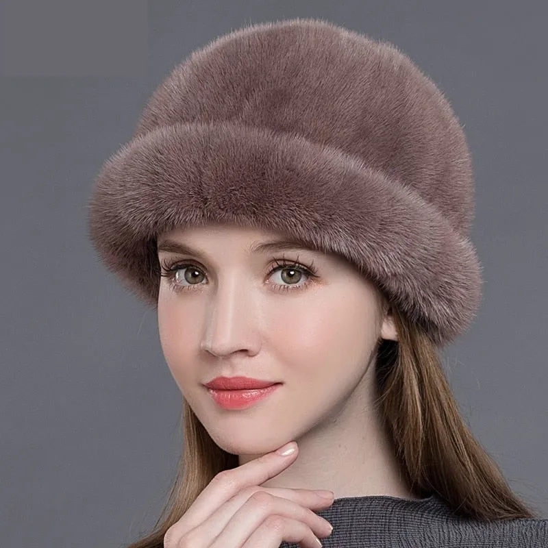 Winter Fashion Soft Real Natural Mink Fur Beanies Hat for Women