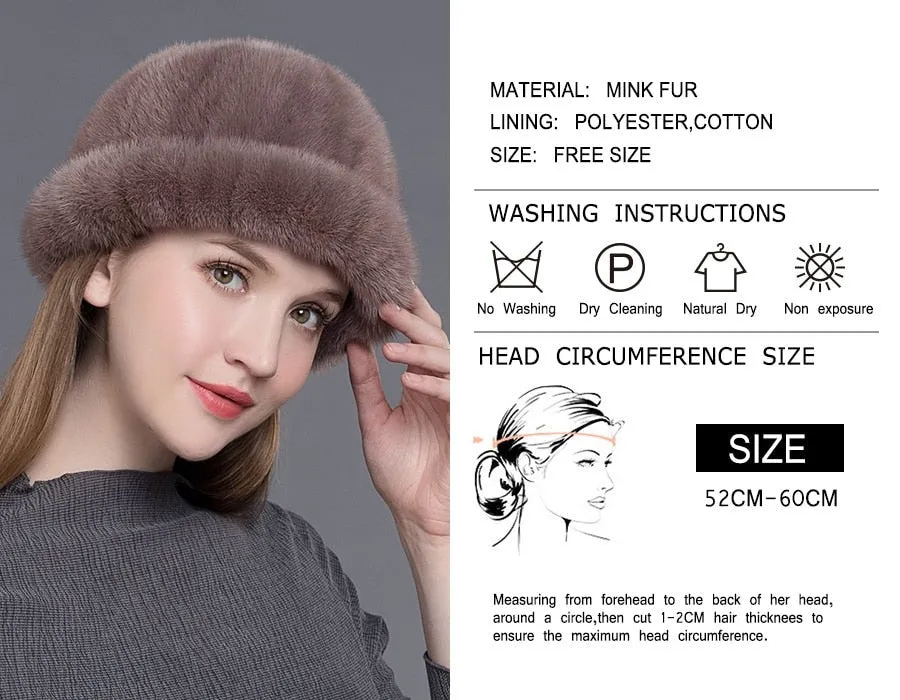 Winter Fashion Soft Real Natural Mink Fur Beanies Hat for Women