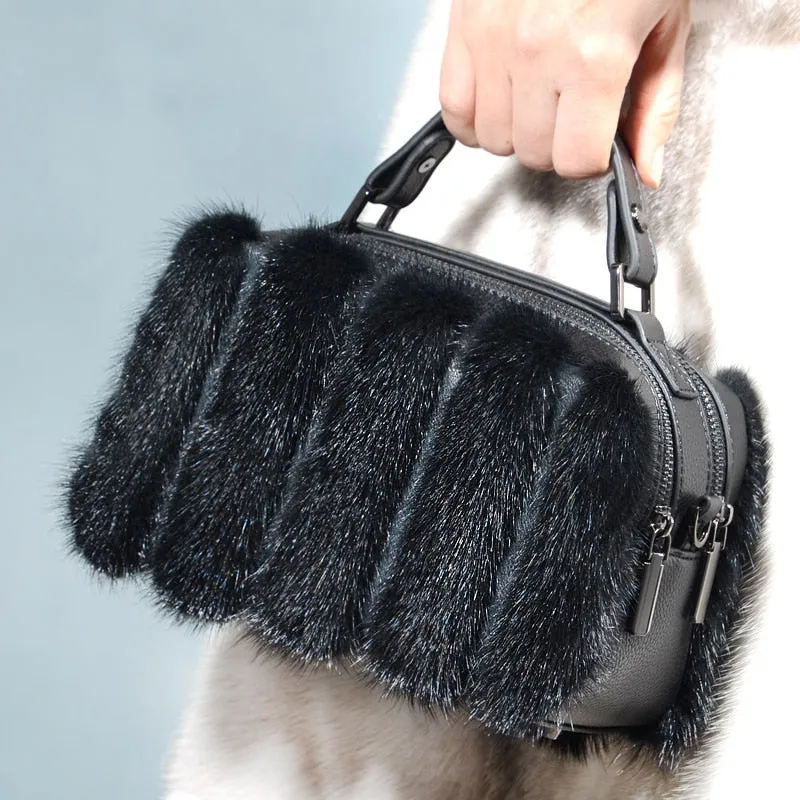 Winter Mink Fur Women European And American Furry Shoulder Double Zipper Square Casual Handbag