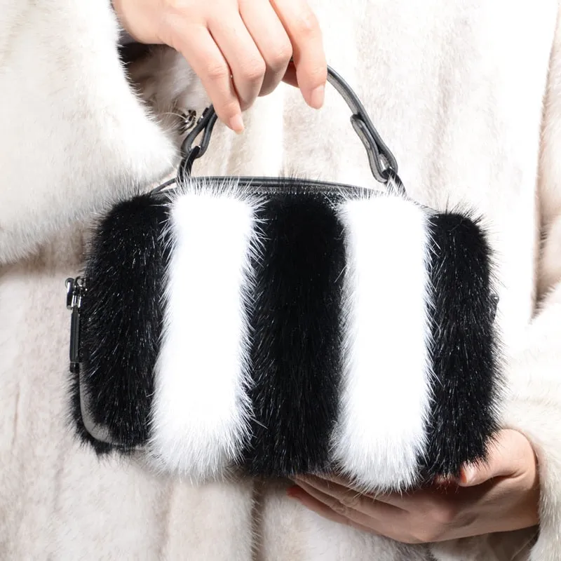 Winter Mink Fur Women European And American Furry Shoulder Double Zipper Square Casual Handbag