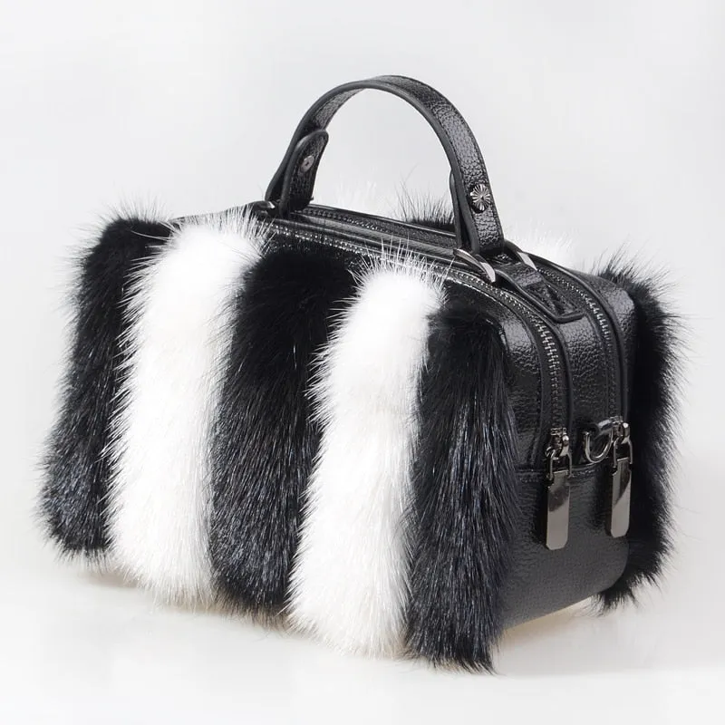 Winter Mink Fur Women European And American Furry Shoulder Double Zipper Square Casual Handbag