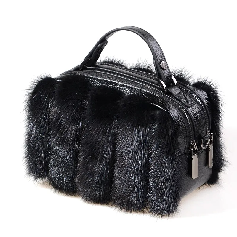 Winter Mink Fur Women European And American Furry Shoulder Double Zipper Square Casual Handbag