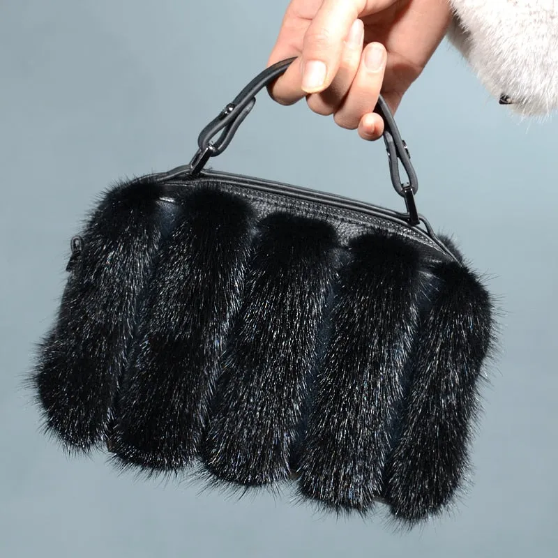 Winter Mink Fur Women European And American Furry Shoulder Double Zipper Square Casual Handbag