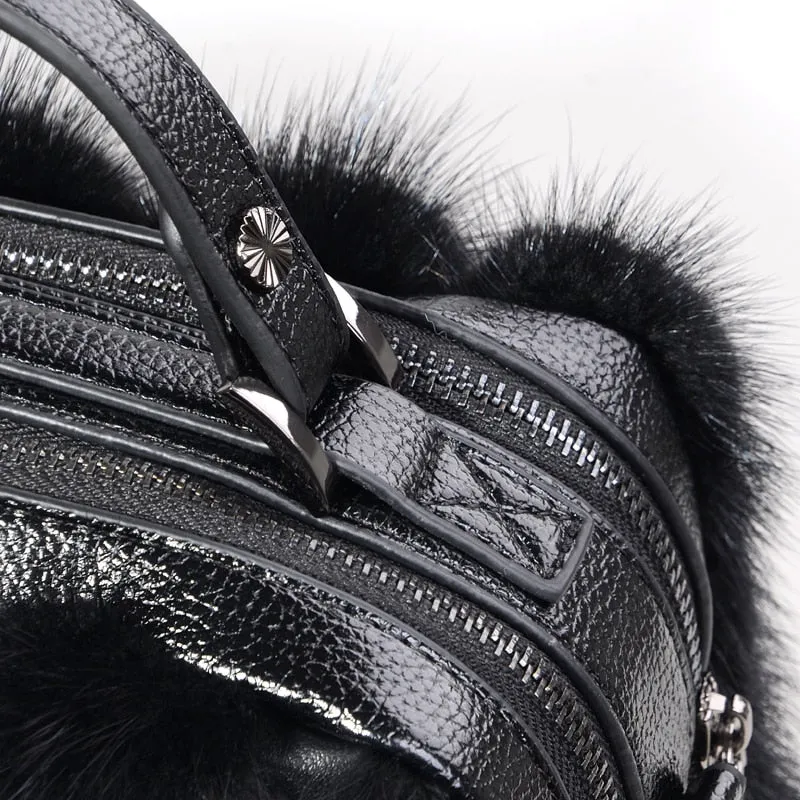 Winter Mink Fur Women European And American Furry Shoulder Double Zipper Square Casual Handbag